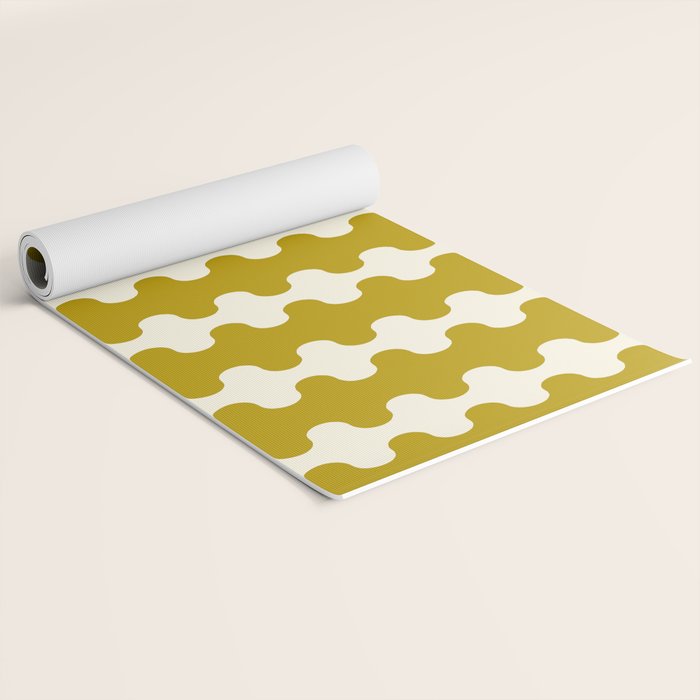 Wavy Stripes Ogee A-Go-Go Contemporary Pattern in Olive Yellow and Cream Yoga Mat Gallery Image 2