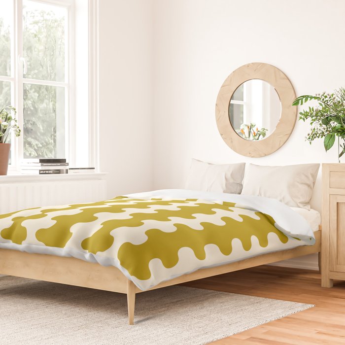 Wavy Stripes Ogee A-Go-Go Contemporary Pattern in Olive Yellow and Cream Duvet Cover Gallery Image 2