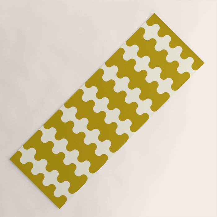 Wavy Stripes Ogee A-Go-Go Contemporary Pattern in Olive Yellow and Cream Yoga Mat Gallery Image 1