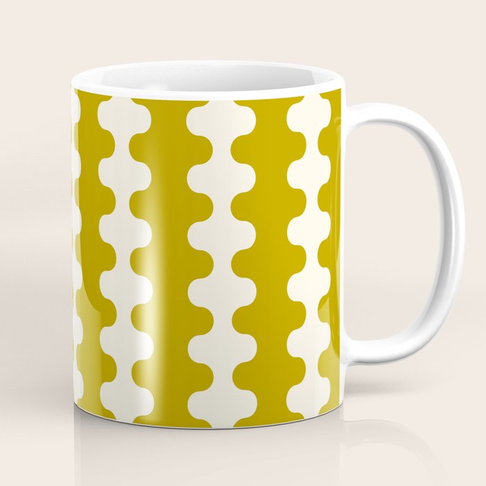 Wavy Stripes Ogee A-Go-Go Contemporary Pattern in Olive Yellow and Cream Coffee Mug Gallery Image 1