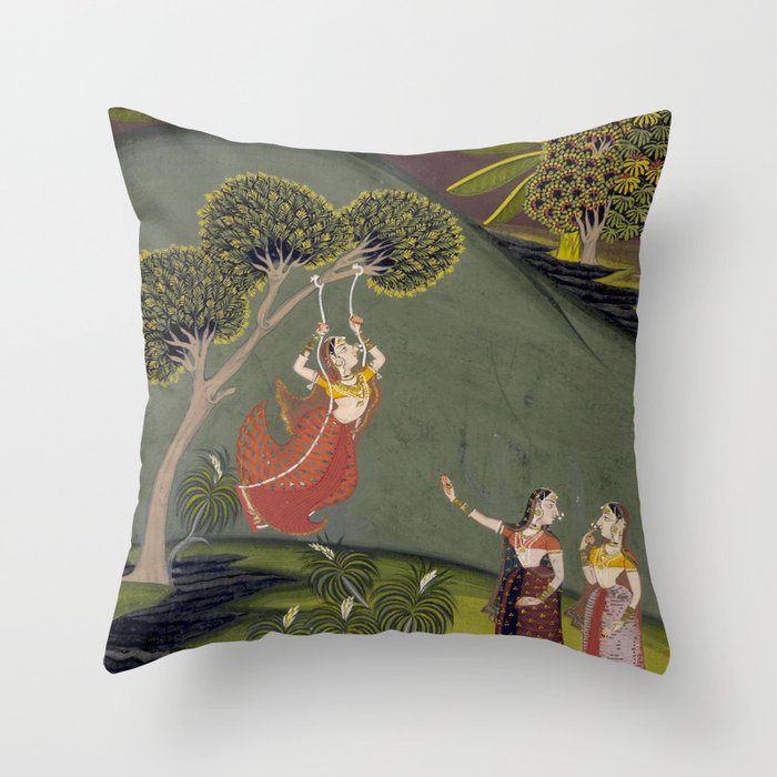 Antique Indian Painted Illustration The Swing Throw Pillow Gallery Image 1