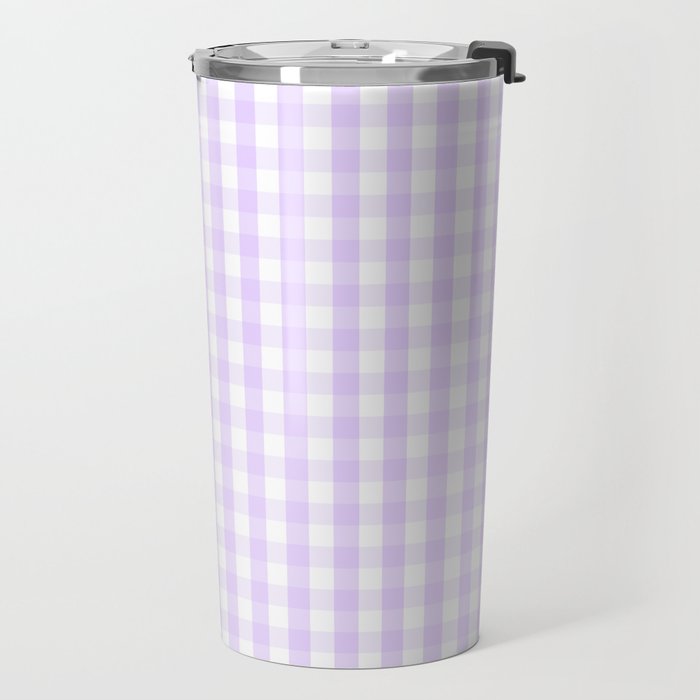 Chalky Pale Lilac Pastel and White Gingham Check Plaid Travel Mug Gallery Image 2