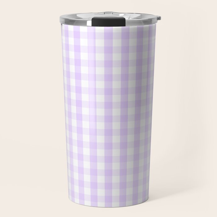 Chalky Pale Lilac Pastel and White Gingham Check Plaid Travel Mug Gallery Image 1