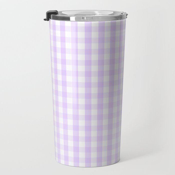 Chalky Pale Lilac Pastel and White Gingham Check Plaid Travel Mug Gallery Image 3