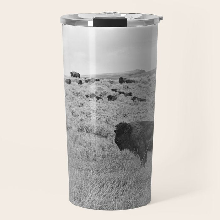 Montana Buffalo Bison | Black and White Montana Photography Travel Mug Gallery Image 1