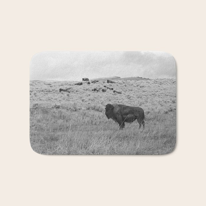 Montana Buffalo Bison | Black and White Montana Photography Bath Mat Gallery Image 1