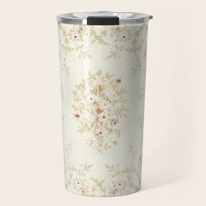 Antique French Aubusson Carpet Cream Rose Sage Floral Travel Mug Gallery Image 1