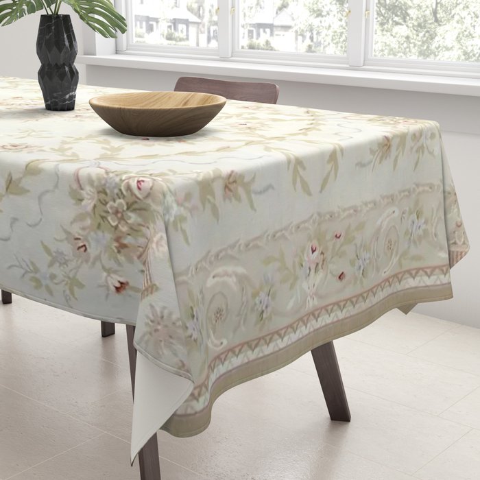 Antique French Aubusson Carpet Cream Rose Sage Floral Tablecloth Gallery Image 3