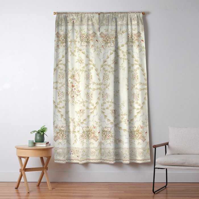 Antique French Aubusson Carpet Cream Rose Sage Floral Window Curtain Gallery Image 5
