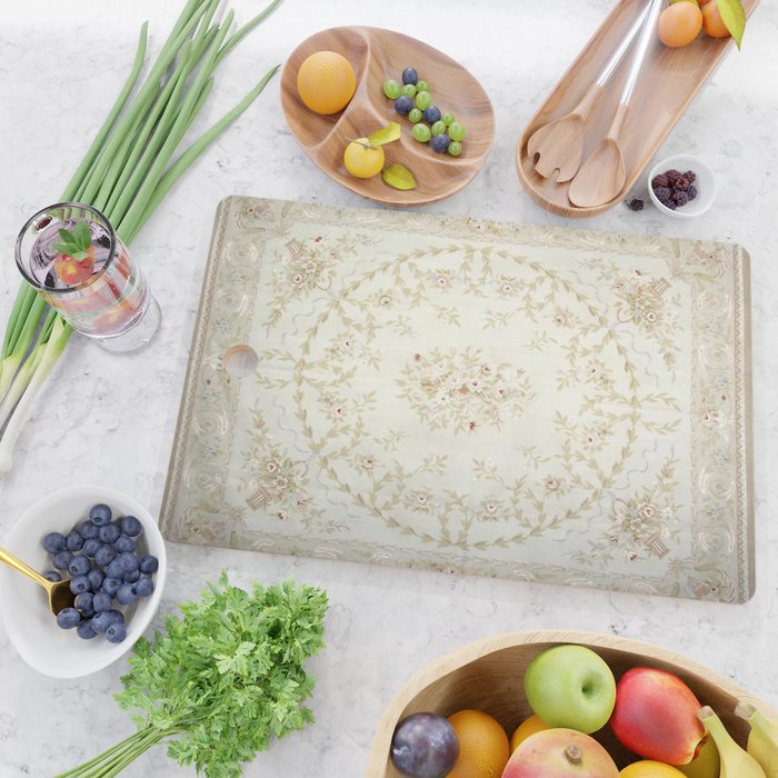 Antique French Aubusson Carpet Cream Rose Sage Floral Cutting Board Gallery Image 2