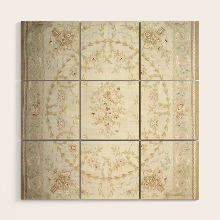 Antique French Aubusson Carpet Cream Rose Sage Floral Wood Wall Art Gallery Image 1