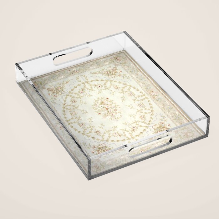 Antique French Aubusson Carpet Cream Rose Sage Floral Acrylic Tray Gallery Image 1
