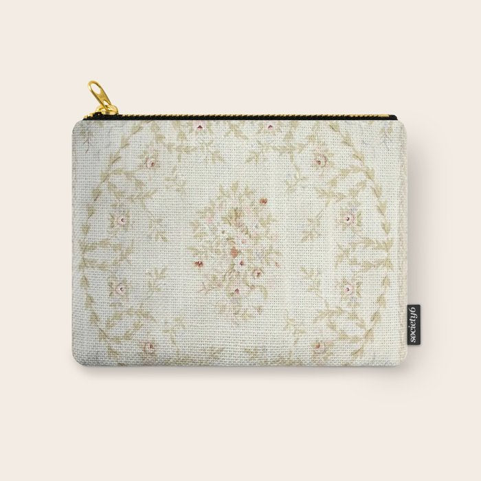 Antique French Aubusson Carpet Cream Rose Sage Floral Carry All Pouch Gallery Image 1