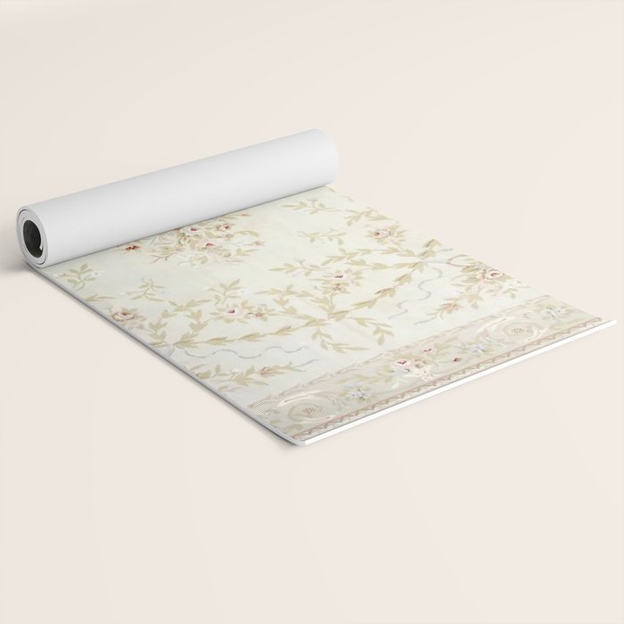 Antique French Aubusson Carpet Cream Rose Sage Floral Yoga Mat Gallery Image 2