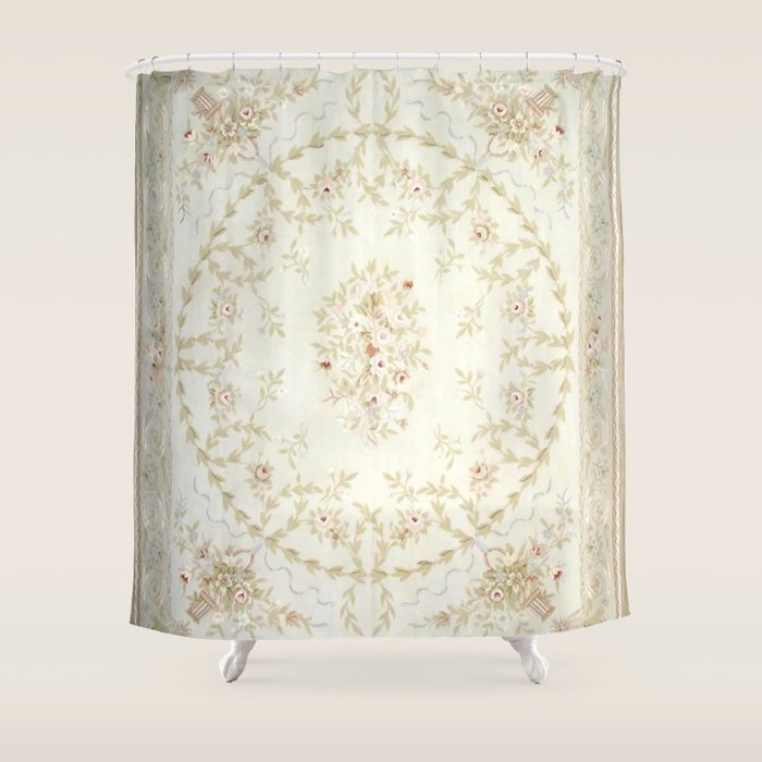 Antique French Aubusson Carpet Cream Rose Sage Floral Shower Curtain Gallery Image 1
