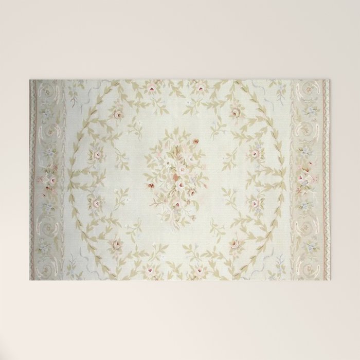 Antique French Aubusson Carpet Cream Rose Sage Floral Welcome Mat Gallery Image 1