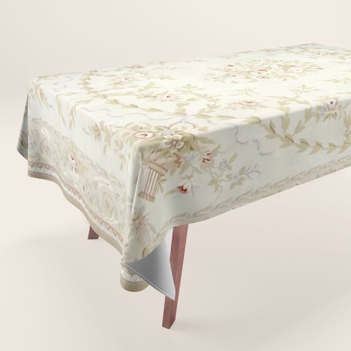 Antique French Aubusson Carpet Cream Rose Sage Floral Tablecloth Gallery Image 1