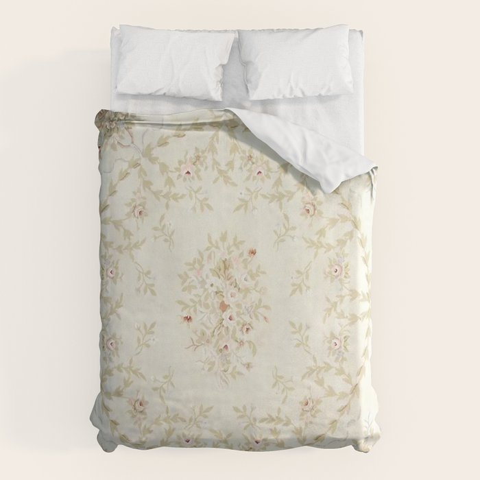 Antique French Aubusson Carpet Cream Rose Sage Floral Duvet Cover Gallery Image 1