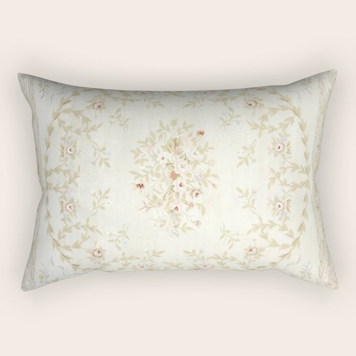 Antique French Aubusson Carpet Cream Rose Sage Floral Rectangular Pillow Gallery Image 2