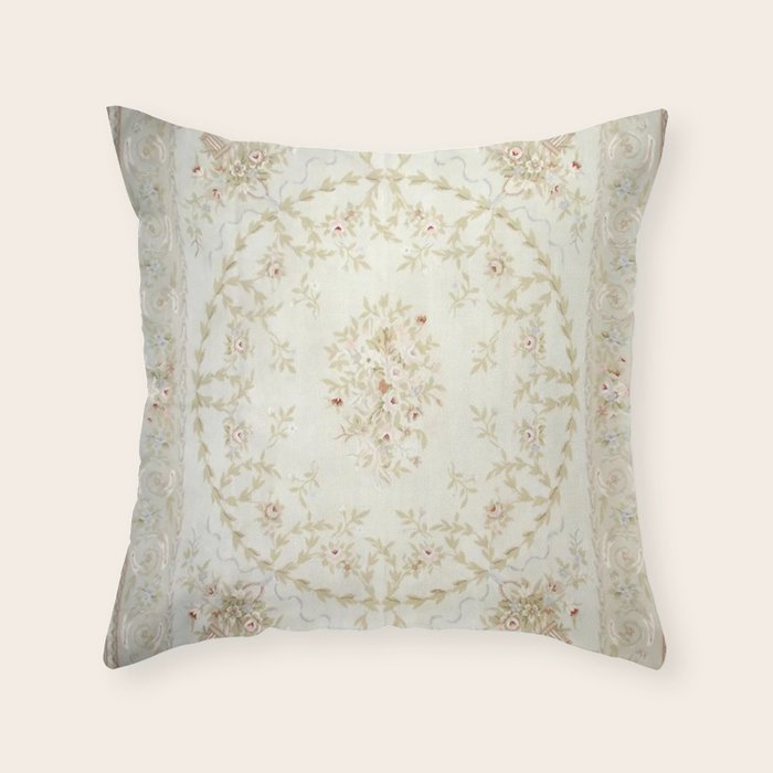 Antique French Aubusson Carpet Cream Rose Sage Floral Throw Pillow Gallery Image 1