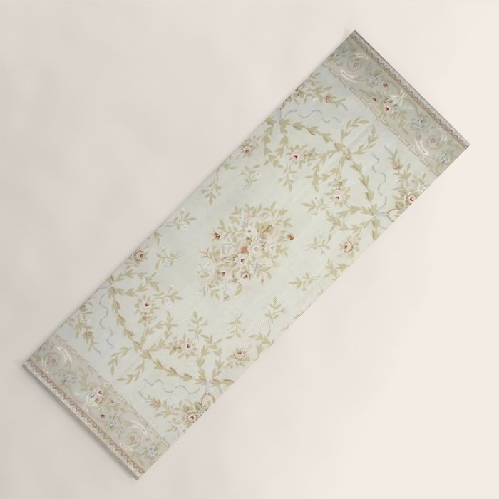 Antique French Aubusson Carpet Cream Rose Sage Floral Yoga Mat Gallery Image 1