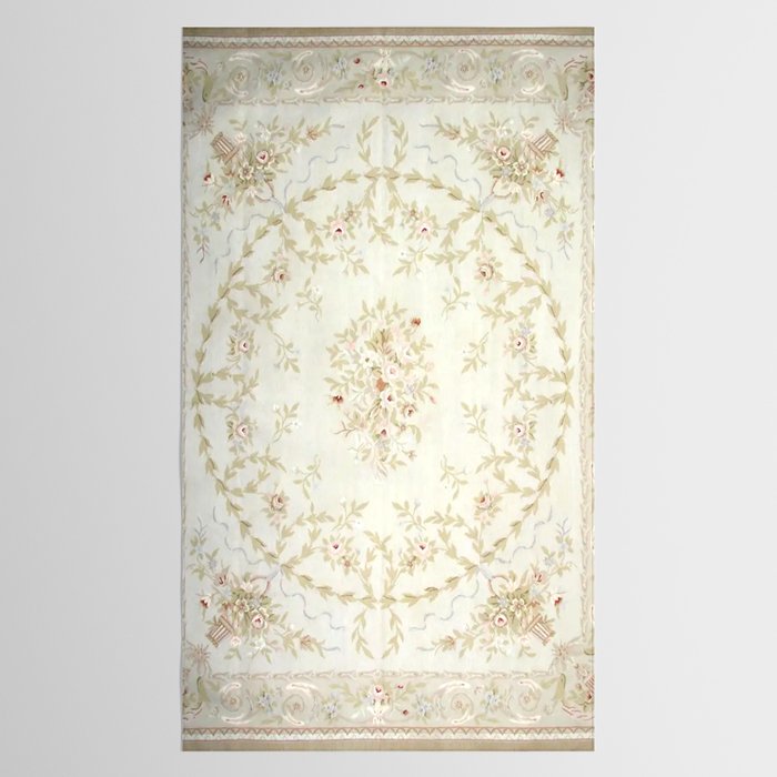 Antique French Aubusson Carpet Cream Rose Sage Floral Tablecloth Gallery Image 2