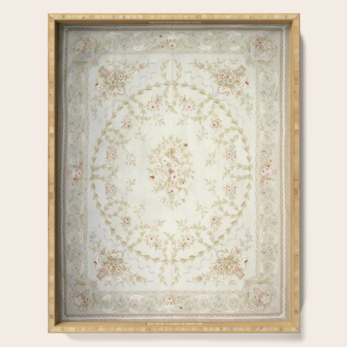 Antique French Aubusson Carpet Cream Rose Sage Floral Serving Tray Gallery Image 1