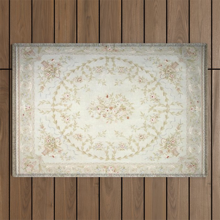 Antique French Aubusson Carpet Cream Rose Sage Floral Outdoor Rug Gallery Image 1