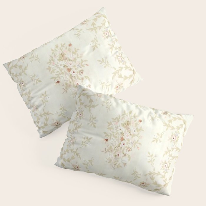 Antique French Aubusson Carpet Cream Rose Sage Floral Pillow Sham Gallery Image 1