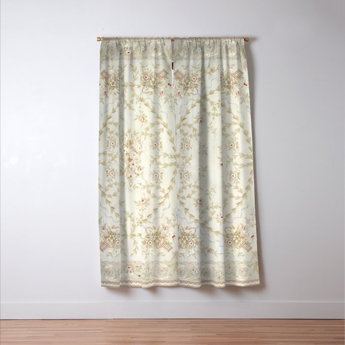 Antique French Aubusson Carpet Cream Rose Sage Floral Window Curtain Gallery Image 3