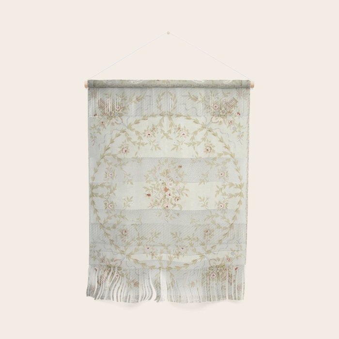 Antique French Aubusson Carpet Cream Rose Sage Floral Wall Hanging Gallery Image 1