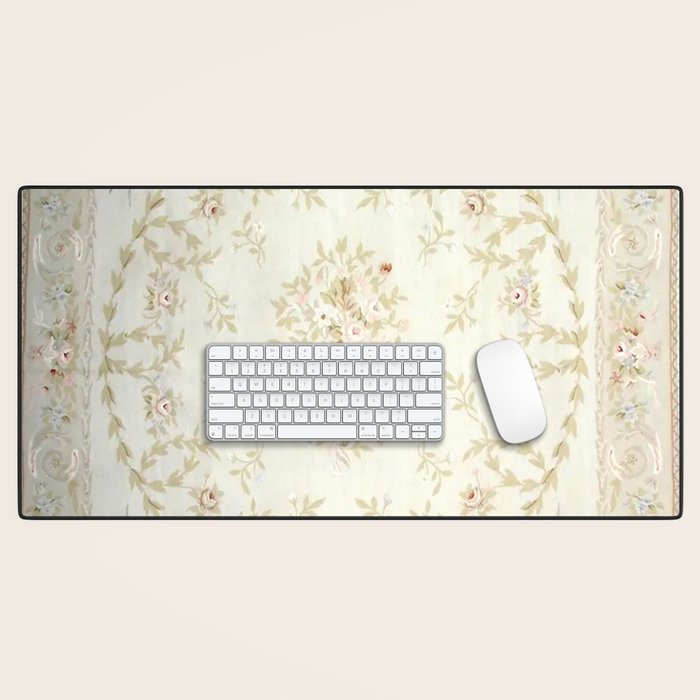 Antique French Aubusson Carpet Cream Rose Sage Floral Desk Mat Gallery Image 1