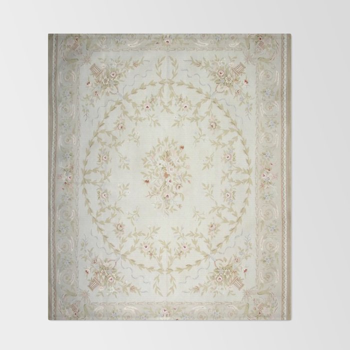 Antique French Aubusson Carpet Cream Rose Sage Floral Throw Blanket Gallery Image 2