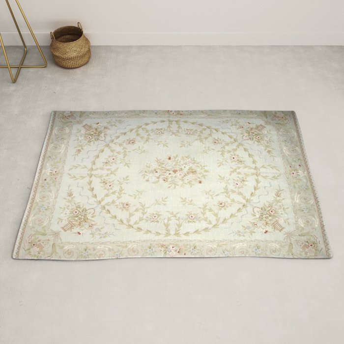 Antique French Aubusson Carpet Cream Rose Sage Floral Rug Gallery Image 2