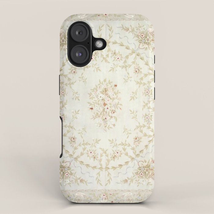 Antique French Aubusson Carpet Cream Rose Sage Floral iPhone Case Gallery Image 1