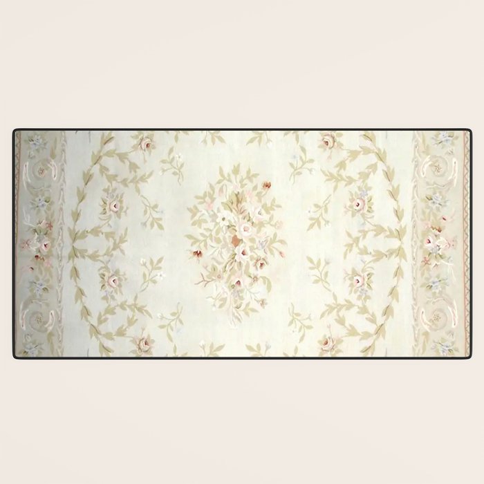 Antique French Aubusson Carpet Cream Rose Sage Floral Desk Mat Gallery Image 3