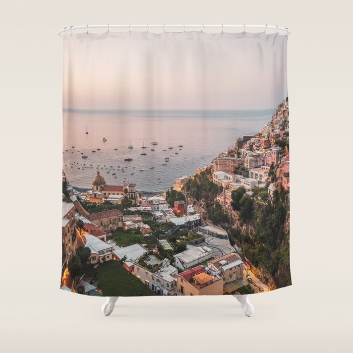 Positano by Night - Italy Europe Travel Photography - Nautical Amalfi Photo Art Print - Pastel Color Shower Curtain Gallery Image 1