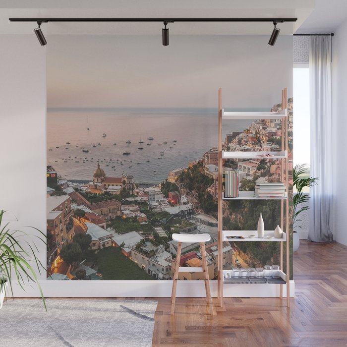 Positano by Night - Italy Europe Travel Photography - Nautical Amalfi Photo Art Print - Pastel Color Wall Mural Gallery Image 1