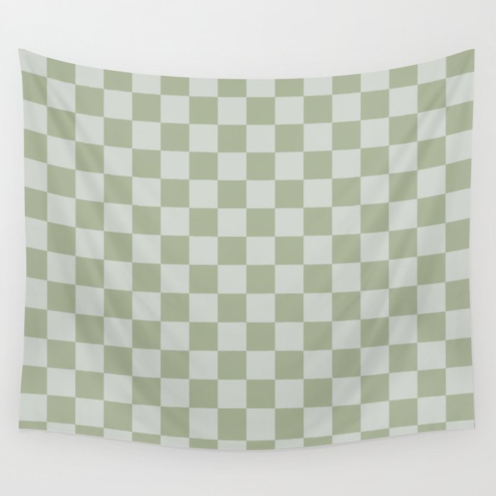 Checkerboard Check Checkered Pattern in Sage Green Wall Tapestry Gallery Image 1