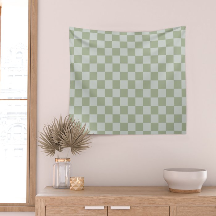 Checkerboard Check Checkered Pattern in Sage Green Wall Tapestry Gallery Image 2