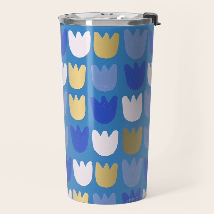 Rows of Tulips in Bloom in Navy Blue & Gold Metallic Travel Mug Gallery Image 2