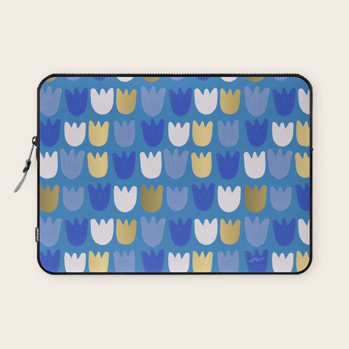 Rows of Tulips in Bloom in Navy Blue & Gold Metallic Laptop Sleeve Gallery Image 1