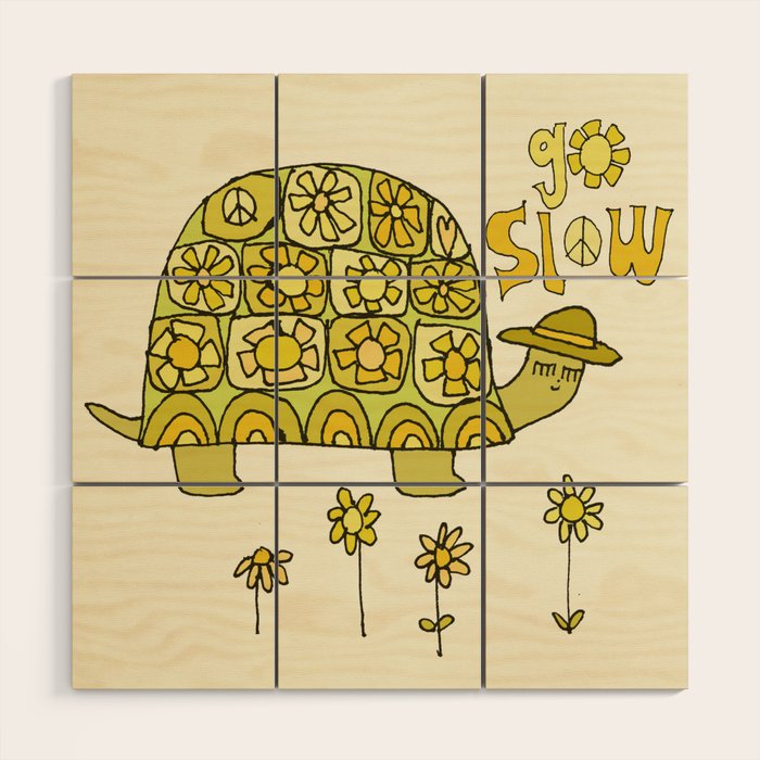 go slow retro turtle // art by surfy birdy Wood Wall Art Gallery Image 1