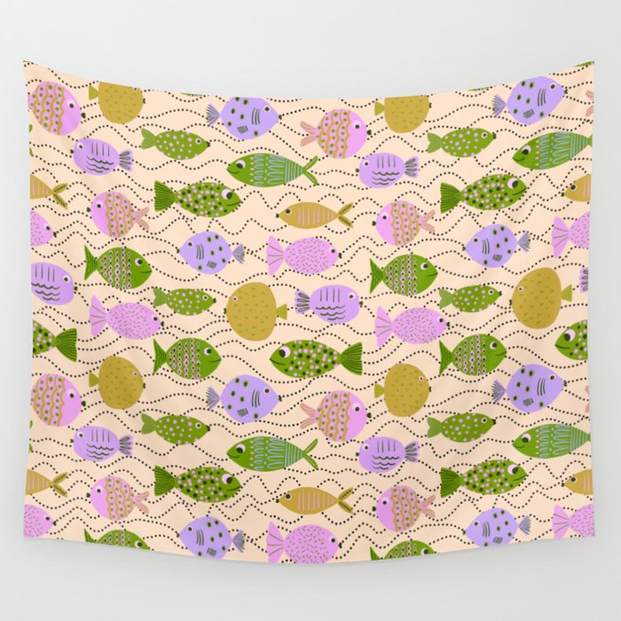 Go Fish - Green, Very Peri, beige Wall Tapestry Gallery Image 4