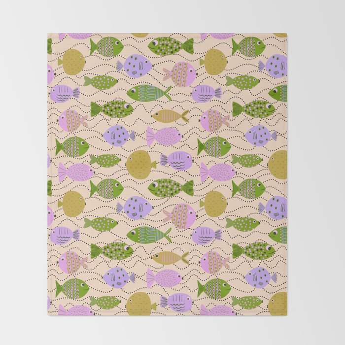 Go Fish - Green, Very Peri, beige Throw Blanket Gallery Image 2