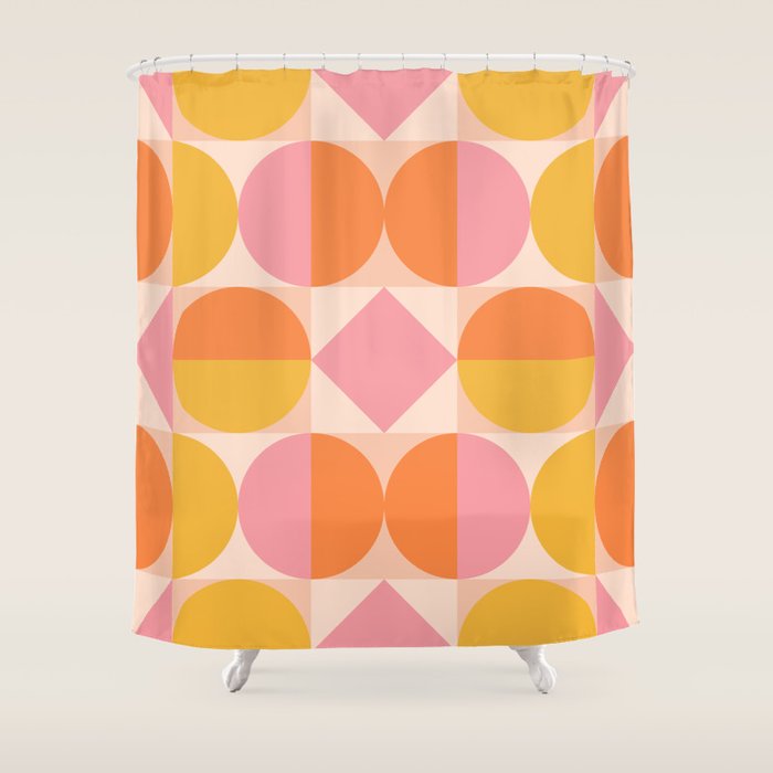 Mid Century Modern Geometric Abstract 833 Orange Pink and Yellow Shower Curtain Gallery Image 1