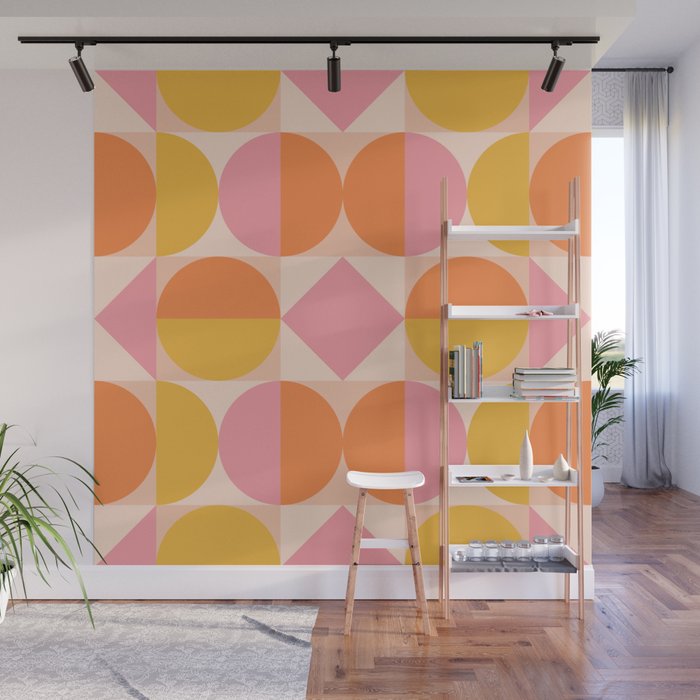 Mid Century Modern Geometric Abstract 833 Orange Pink and Yellow Wall Mural Gallery Image 1