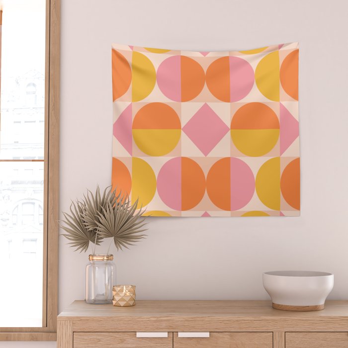 Mid Century Modern Geometric Abstract 833 Orange Pink and Yellow Wall Tapestry Gallery Image 2