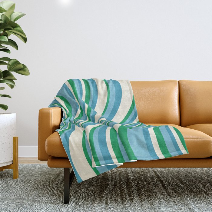 Wavy Stripes XXVII - Beachy Blue and Green Throw Blanket Gallery Image 1