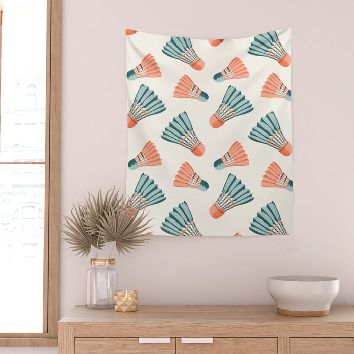 Orange and teal vintage badminton shuttlecocks Wall Tapestry Gallery Image 2